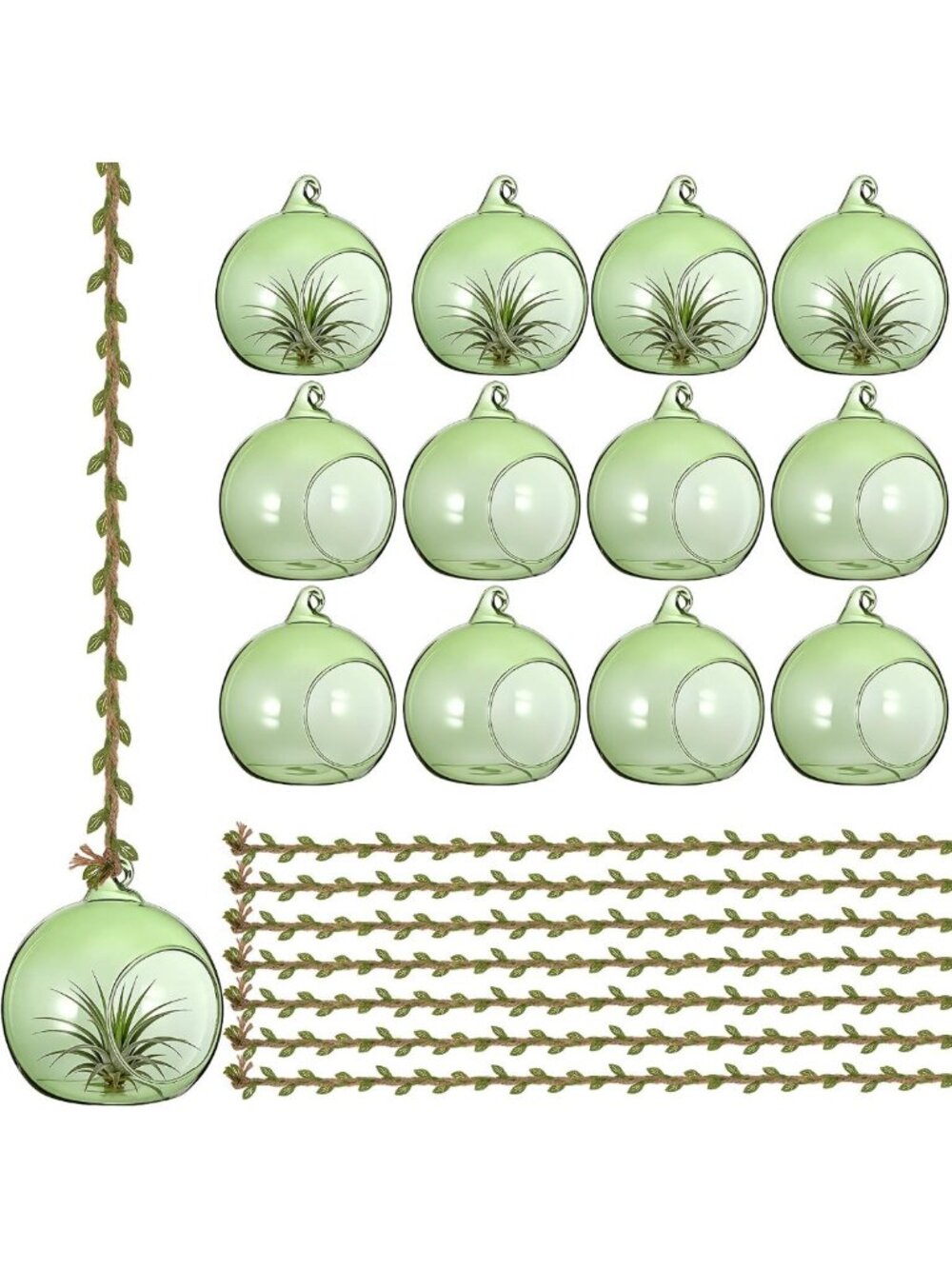 13 Pcs Hanging Glass Terrarium Globes & Tealight Holders - Home Decor, Green